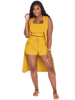 Bright Yellow Sleeveless Layered 3 Pieces Set